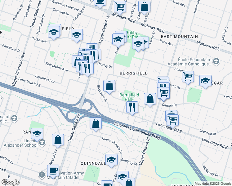 map of restaurants, bars, coffee shops, grocery stores, and more near 32 Billington Crescent in Hamilton