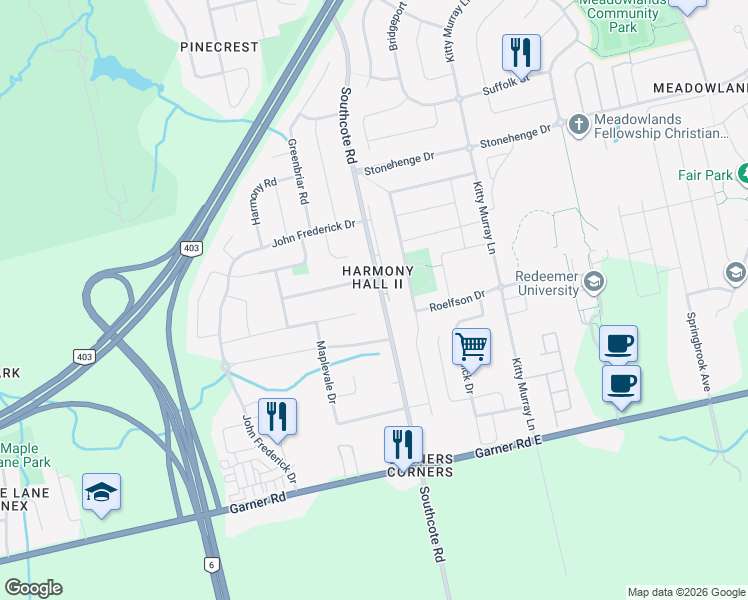 map of restaurants, bars, coffee shops, grocery stores, and more near 404 Southcote Road in Hamilton