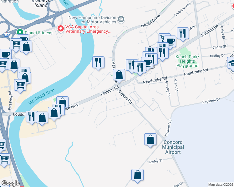 map of restaurants, bars, coffee shops, grocery stores, and more near 6 Heights Road in Concord