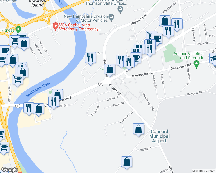 map of restaurants, bars, coffee shops, grocery stores, and more near 6 Heights Road in Concord