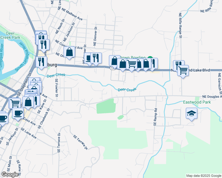 map of restaurants, bars, coffee shops, grocery stores, and more near 1844 Southeast Douglas Avenue in Roseburg