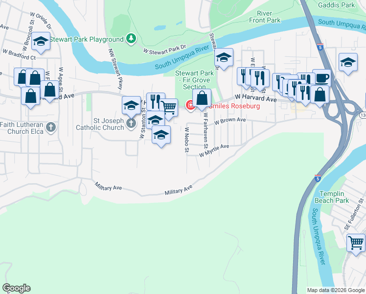 map of restaurants, bars, coffee shops, grocery stores, and more near 958 West Nebo Street in Roseburg