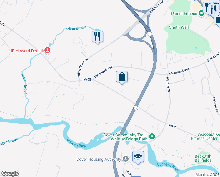map of restaurants, bars, coffee shops, grocery stores, and more near 250 6th Street in Dover