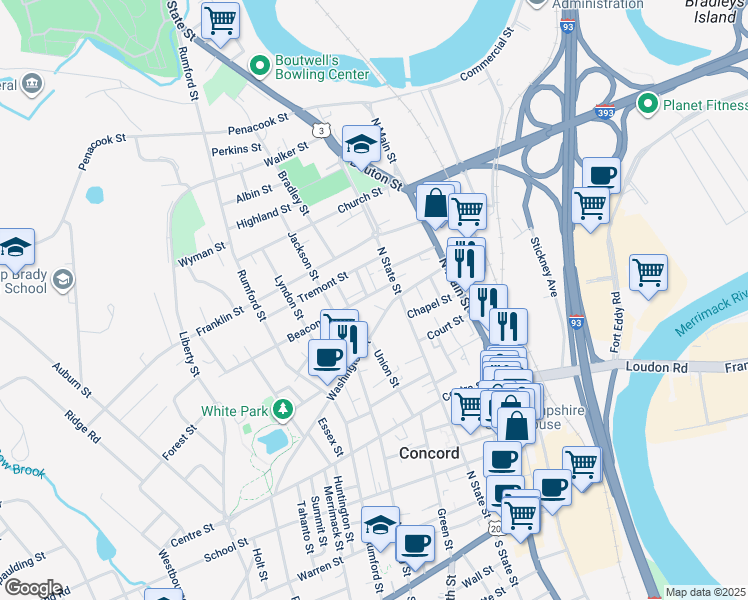 map of restaurants, bars, coffee shops, grocery stores, and more near 46 Washington Street in Concord