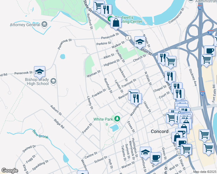 map of restaurants, bars, coffee shops, grocery stores, and more near 128 Rumford Street in Concord