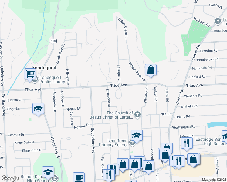 map of restaurants, bars, coffee shops, grocery stores, and more near 511 Audubon Trail in Rochester