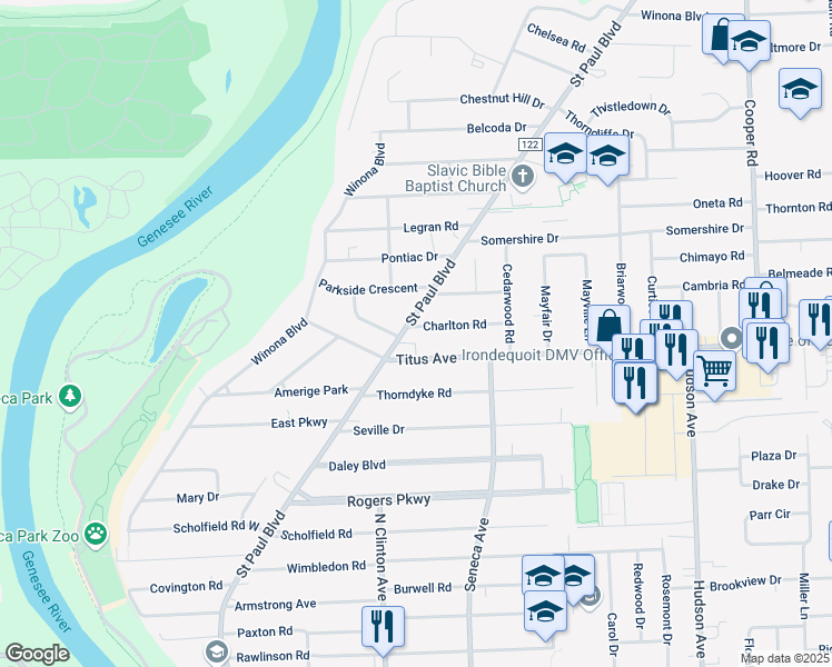 map of restaurants, bars, coffee shops, grocery stores, and more near 220 Titus Avenue in Rochester