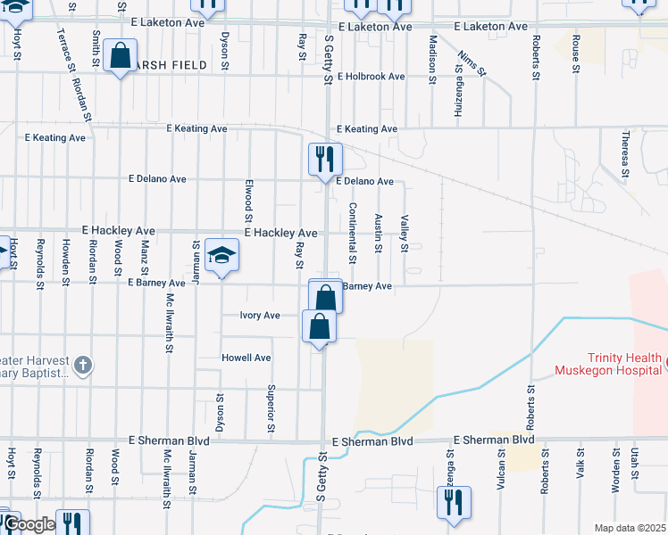 map of restaurants, bars, coffee shops, grocery stores, and more near 2294 South Getty Street in Muskegon