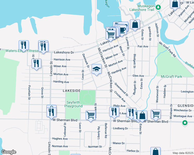 map of restaurants, bars, coffee shops, grocery stores, and more near 2312 Denmark Street in Muskegon