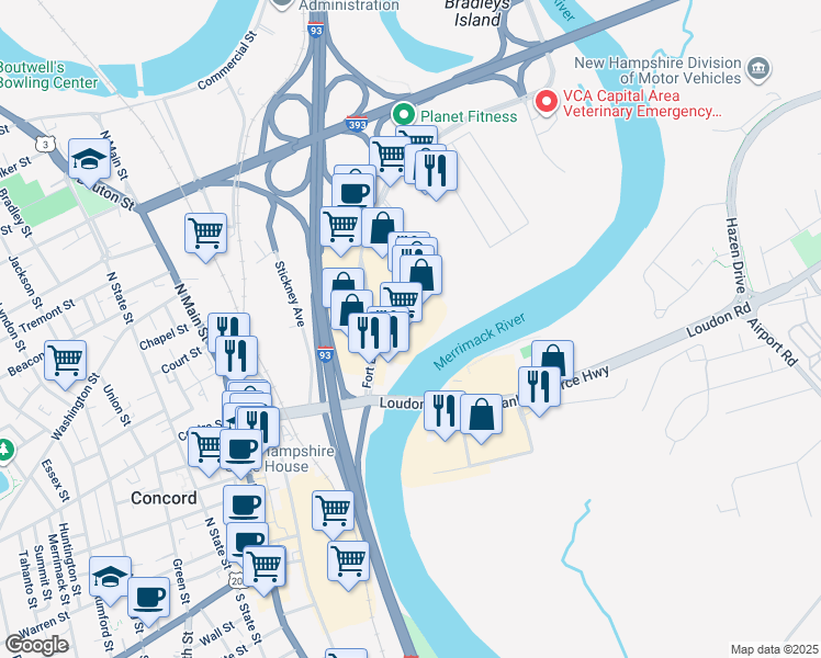 map of restaurants, bars, coffee shops, grocery stores, and more near 20 Fort Eddy Road in Concord