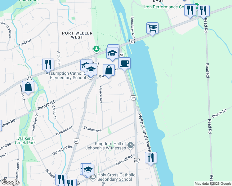 map of restaurants, bars, coffee shops, grocery stores, and more near 21 Sheridan Drive in Saint Catharines