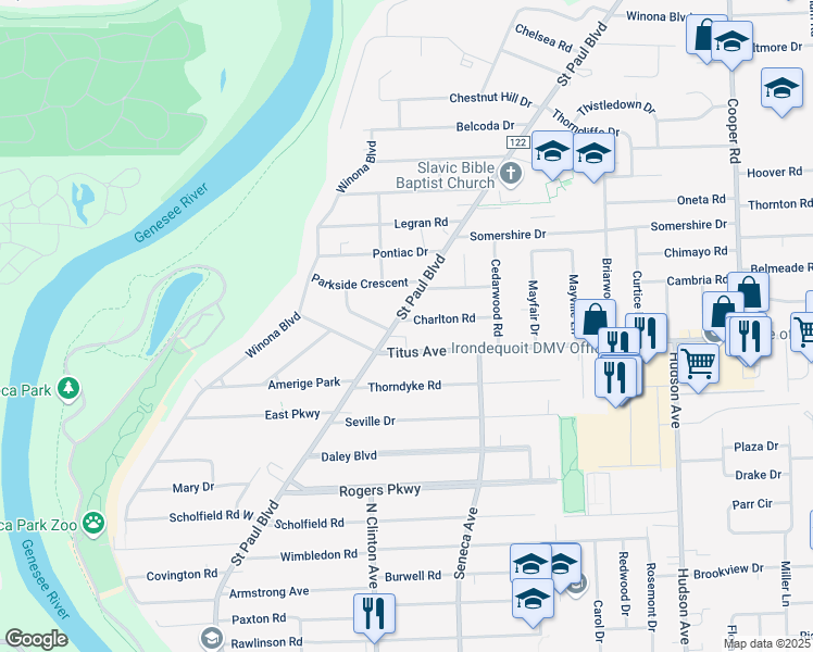 map of restaurants, bars, coffee shops, grocery stores, and more near 220 Titus Avenue in Rochester