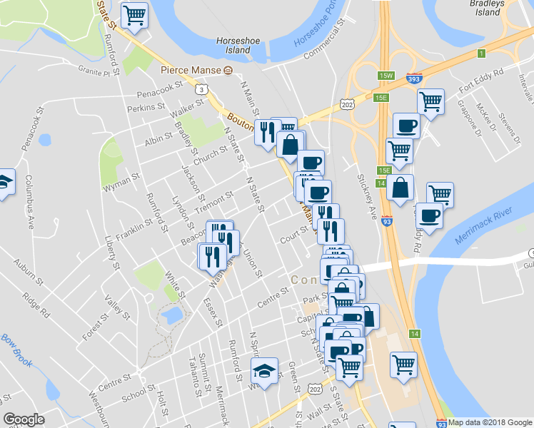 map of restaurants, bars, coffee shops, grocery stores, and more near 105 North State Street in Concord