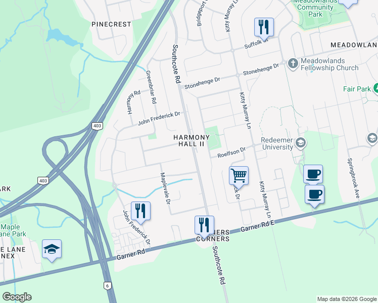 map of restaurants, bars, coffee shops, grocery stores, and more near 404 Southcote Road in Hamilton