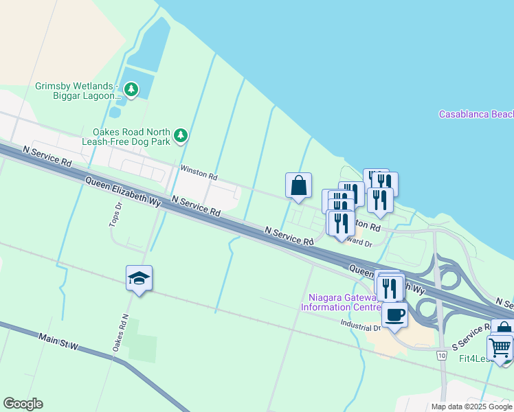 map of restaurants, bars, coffee shops, grocery stores, and more near 541 Winston Road in Grimsby
