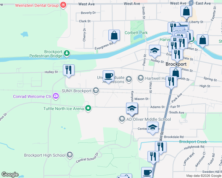 map of restaurants, bars, coffee shops, grocery stores, and more near Residence Drive in Brockport