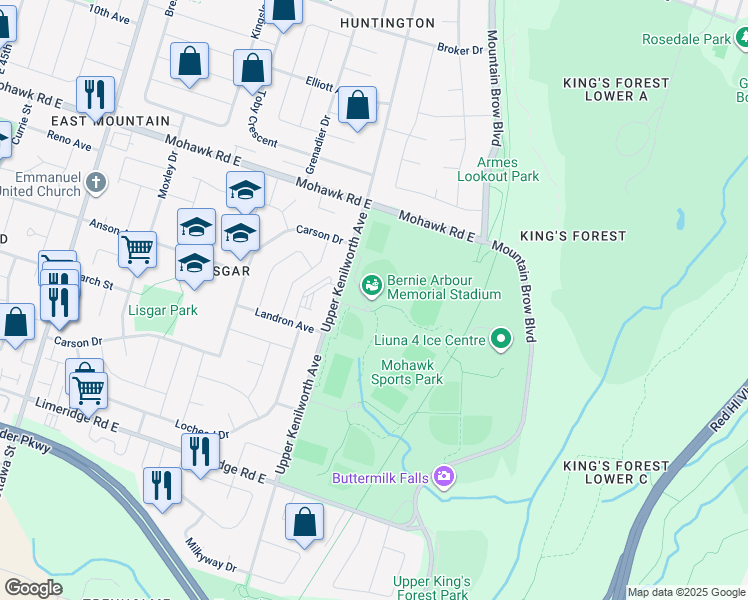map of restaurants, bars, coffee shops, grocery stores, and more near 1100 Mohawk Road East in Hamilton