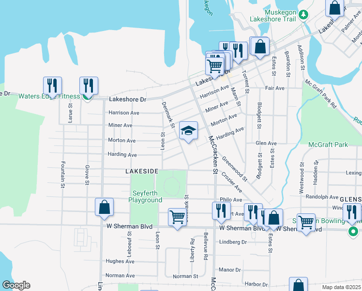 map of restaurants, bars, coffee shops, grocery stores, and more near 2312 Denmark Street in Muskegon