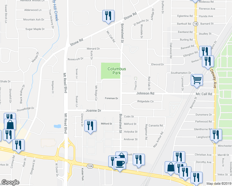 map of restaurants, bars, coffee shops, grocery stores, and more near 375 Bonesteel Street in Rochester