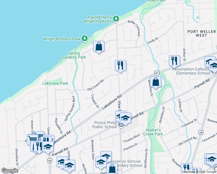 map of restaurants, bars, coffee shops, grocery stores, and more near 23 Kings Grant Road in St. Catharines