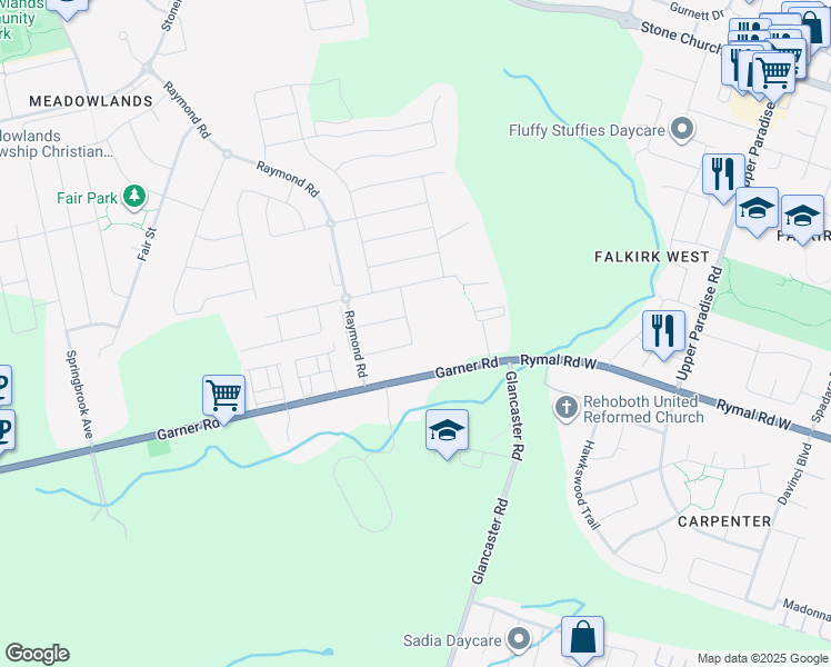 map of restaurants, bars, coffee shops, grocery stores, and more near 56 Heming Trail in Hamilton