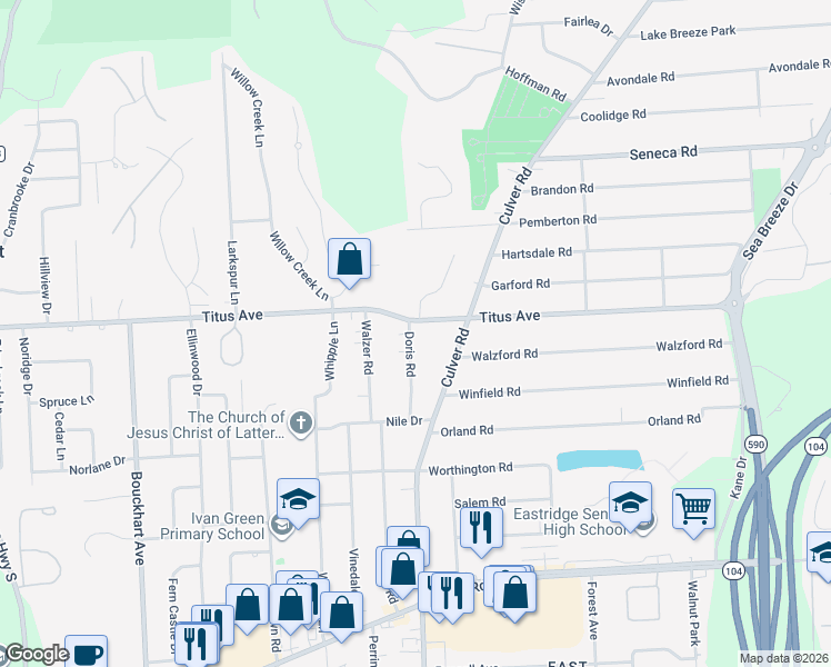 map of restaurants, bars, coffee shops, grocery stores, and more near 90 Doris Road in Irondequoit