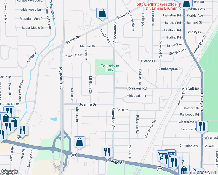 map of restaurants, bars, coffee shops, grocery stores, and more near 21 Foreman Drive in Rochester