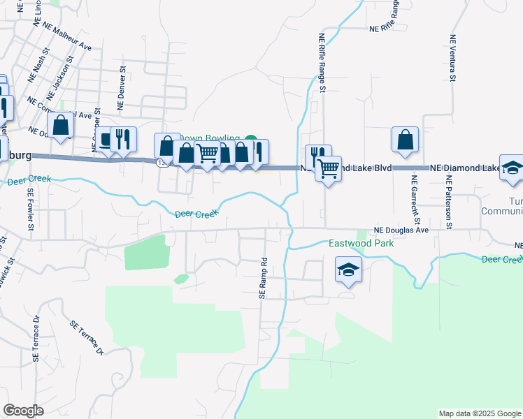 map of restaurants, bars, coffee shops, grocery stores, and more near 2164 Southeast Douglas Avenue in Roseburg