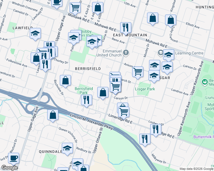 map of restaurants, bars, coffee shops, grocery stores, and more near 980 Upper Ottawa Street in Hamilton