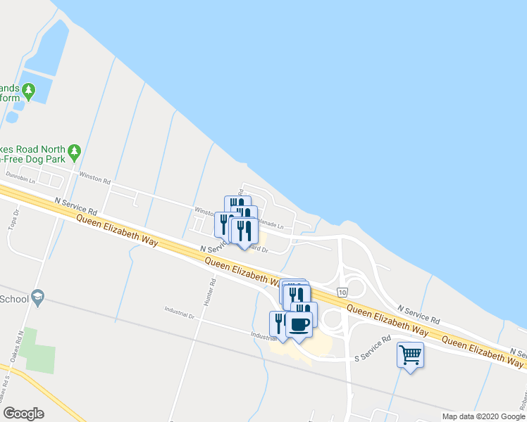 map of restaurants, bars, coffee shops, grocery stores, and more near Waterview Lane in Grimsby