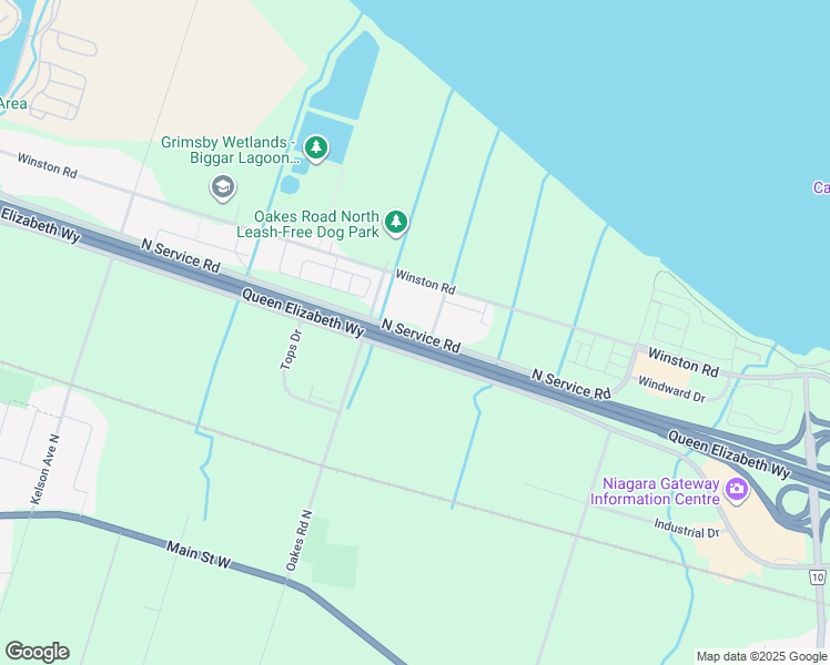 map of restaurants, bars, coffee shops, grocery stores, and more near 590 North Service Road in Grimsby