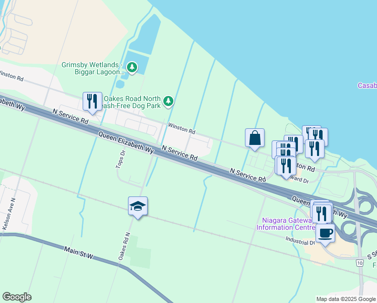 map of restaurants, bars, coffee shops, grocery stores, and more near 8 Lakelawn Road in Grimsby