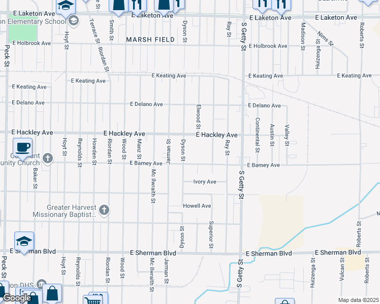map of restaurants, bars, coffee shops, grocery stores, and more near 600 East Barney Avenue in Muskegon Heights
