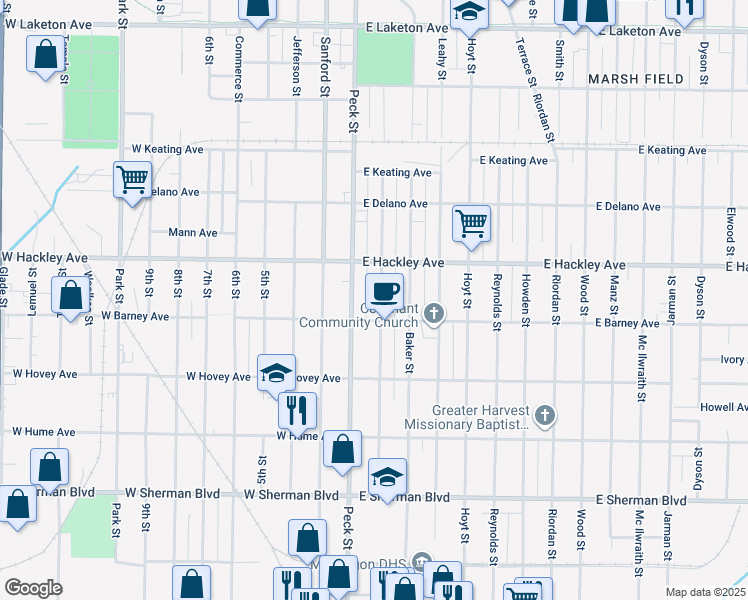 map of restaurants, bars, coffee shops, grocery stores, and more near 2231 Maffett Street in Muskegon Heights