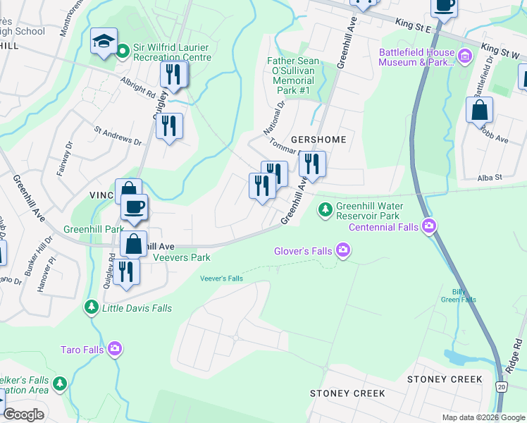 map of restaurants, bars, coffee shops, grocery stores, and more near 7 Summercrest Drive in Hamilton