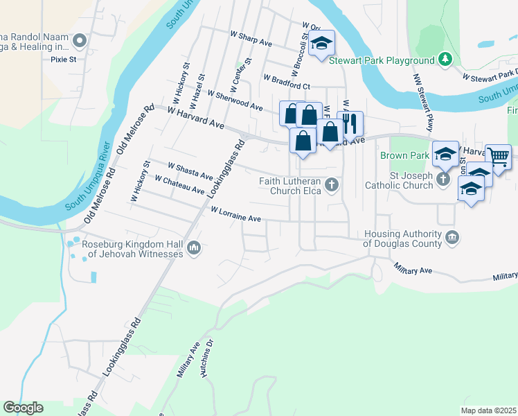 map of restaurants, bars, coffee shops, grocery stores, and more near 2841 West Lorraine Avenue in Roseburg