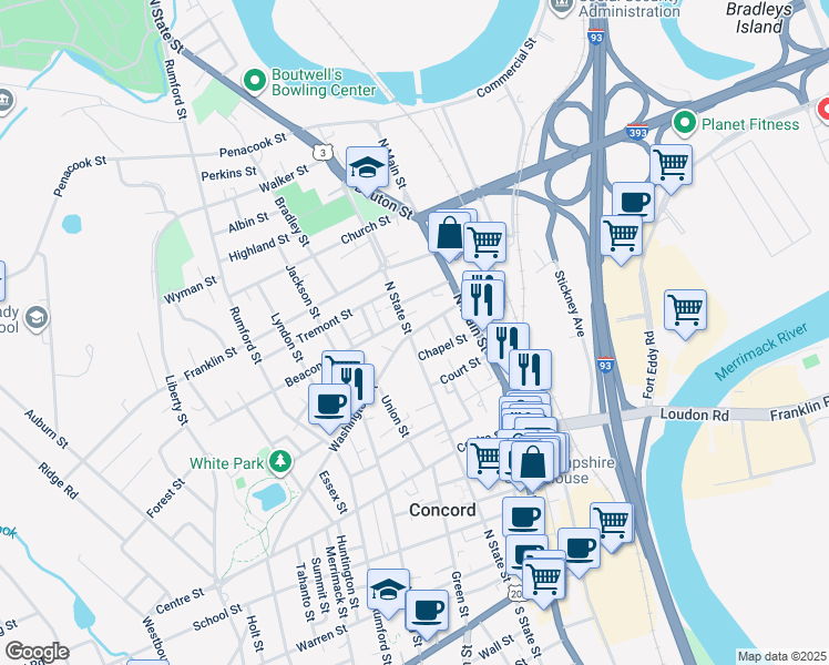 map of restaurants, bars, coffee shops, grocery stores, and more near 105 North State Street in Concord