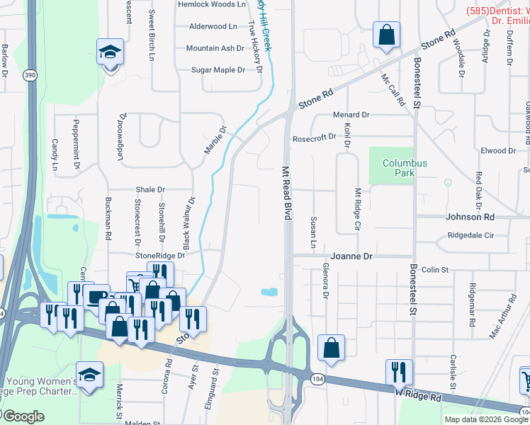 map of restaurants, bars, coffee shops, grocery stores, and more near 132 Ridgelea Court in Rochester