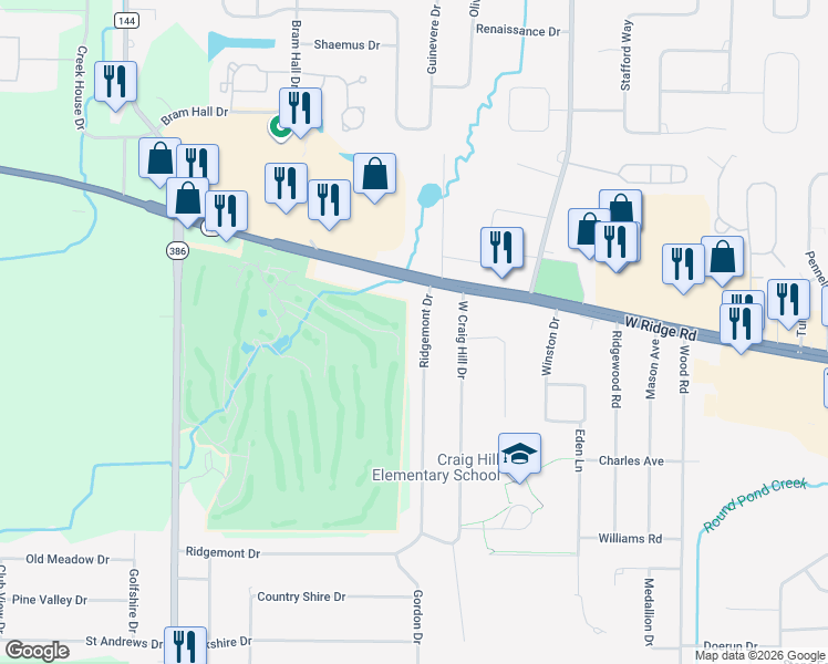 map of restaurants, bars, coffee shops, grocery stores, and more near 100 Ridgemont Drive in Rochester
