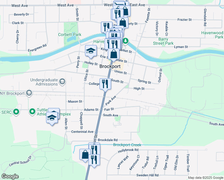 map of restaurants, bars, coffee shops, grocery stores, and more near 150 Park Avenue in Brockport