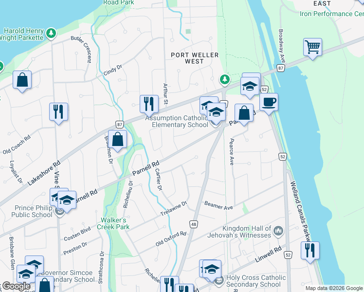 map of restaurants, bars, coffee shops, grocery stores, and more near in St. Catharines
