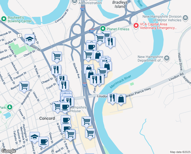 map of restaurants, bars, coffee shops, grocery stores, and more near 20 Fort Eddy Road in Concord