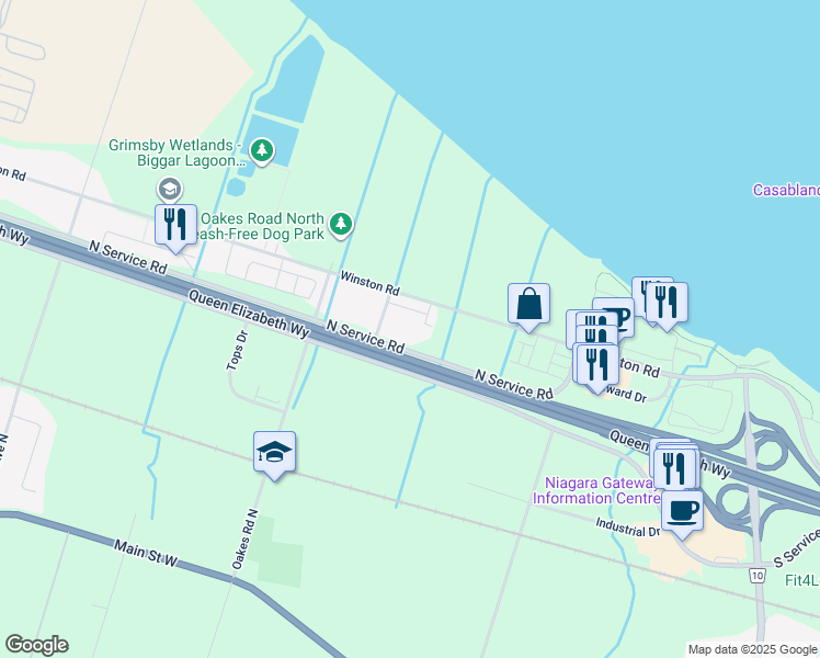 map of restaurants, bars, coffee shops, grocery stores, and more near 560 North Service Road in Grimsby