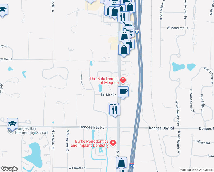 map of restaurants, bars, coffee shops, grocery stores, and more near 10635 North Ivy Court in Mequon