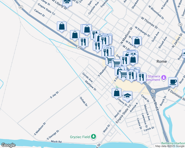 map of restaurants, bars, coffee shops, grocery stores, and more near 416 Henry Street in Rome