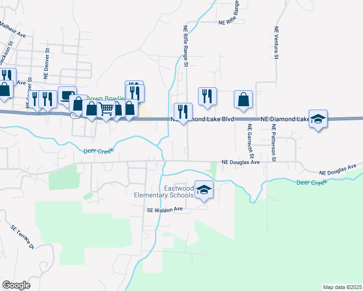 map of restaurants, bars, coffee shops, grocery stores, and more near 172 Northeast Rifle Range Street in Roseburg