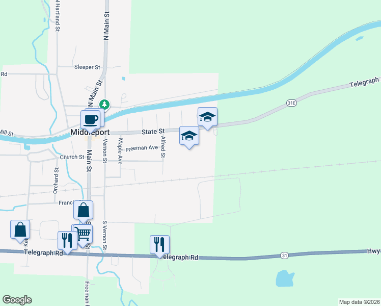 map of restaurants, bars, coffee shops, grocery stores, and more near 54 State Street in Middleport