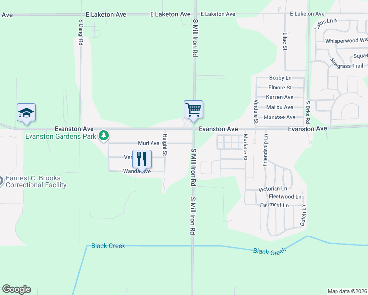 map of restaurants, bars, coffee shops, grocery stores, and more near 3565 Evanston Avenue in Muskegon