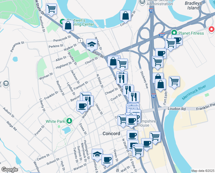 map of restaurants, bars, coffee shops, grocery stores, and more near 11 Washington Street in Concord