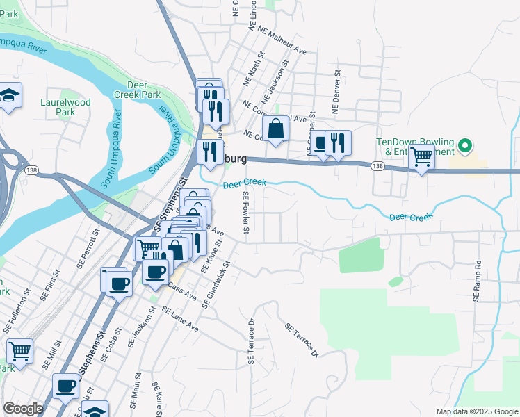 map of restaurants, bars, coffee shops, grocery stores, and more near BLM Road 27-4-8.1 in Roseburg